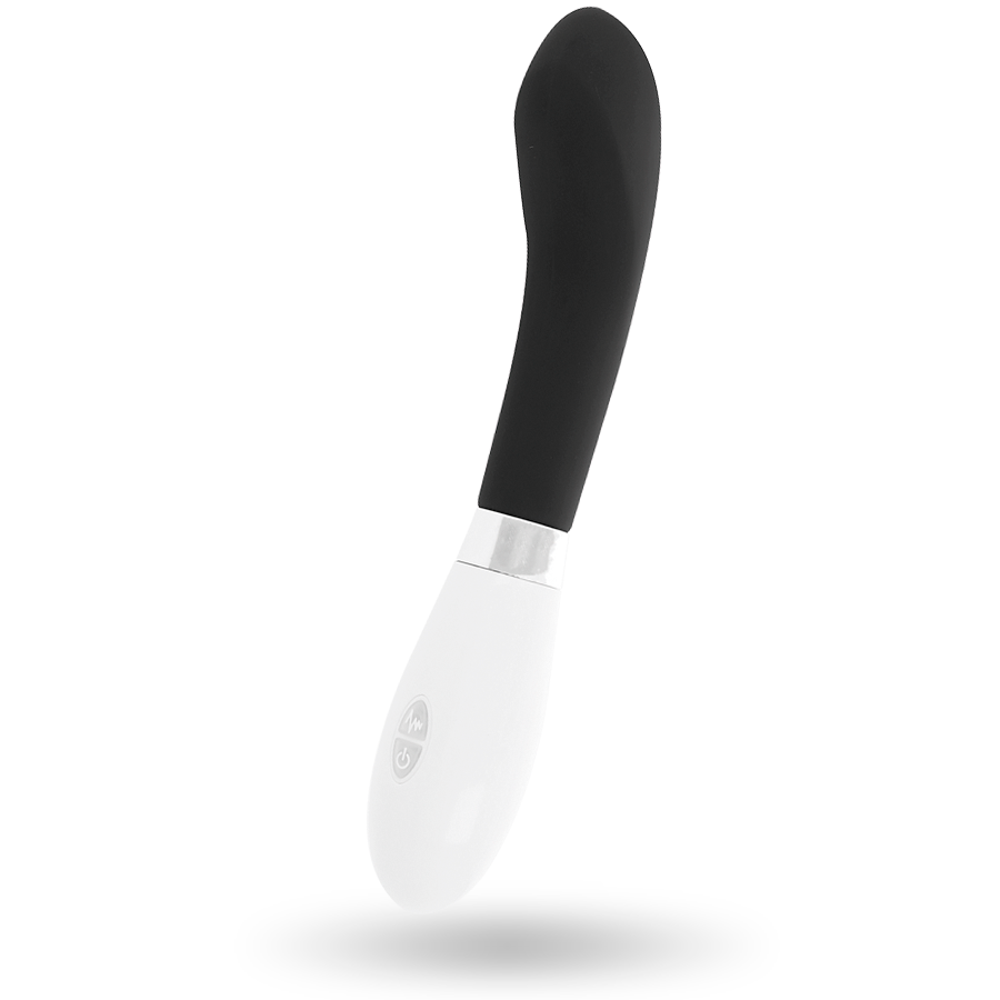 Un juguete sexual curvo en blanco y negro con un anillo plateado.