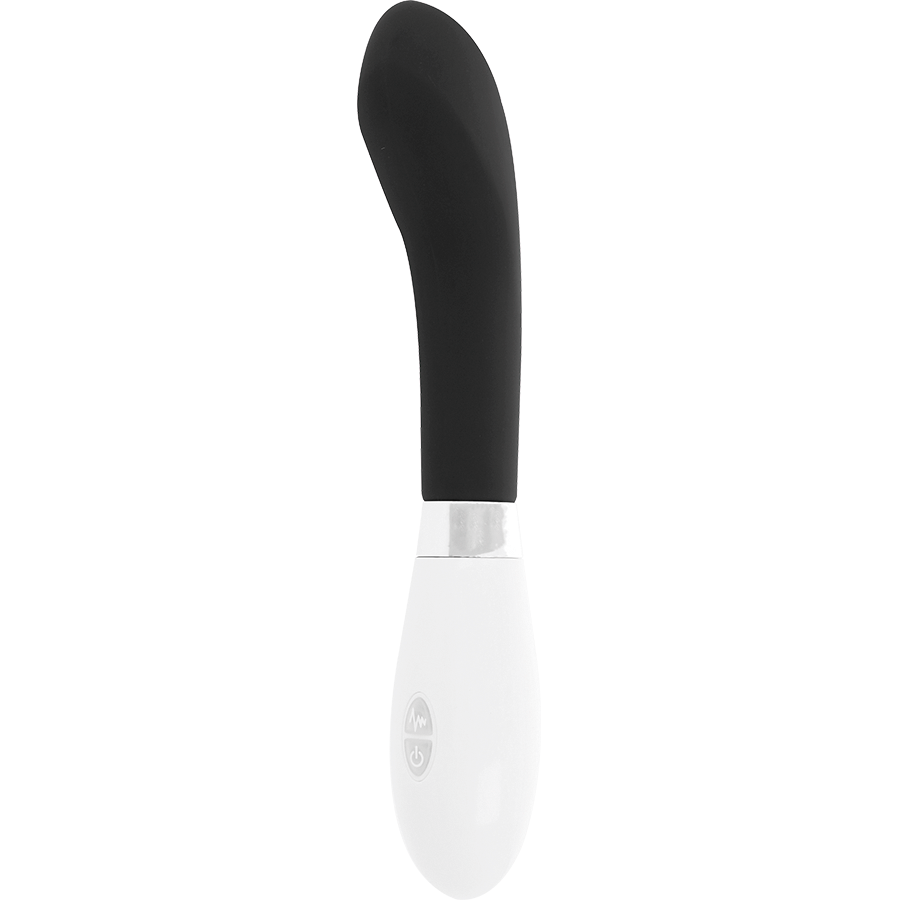 Un dispositivo vibrador elegante y curvado con parte superior negra, anillo plateado y mango blanco sobre fondo blanco.