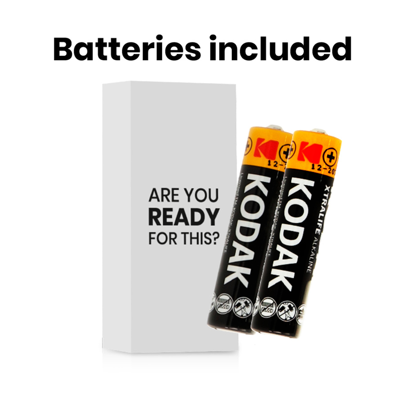 Dos pilas Kodak frente a una caja blanca con texto Are you ready for this y cabecera Batteries included.