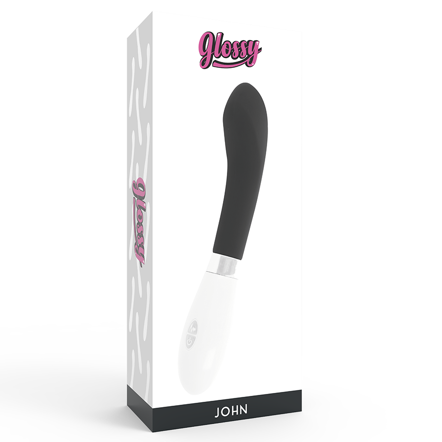 Una caja blanca con la marca Glossy muestra un producto en blanco y negro llamado JOHN.