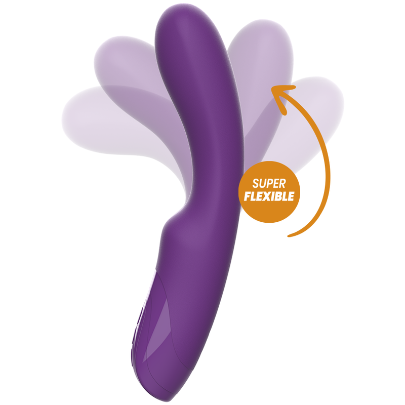 Un juguete sexual curvo de color morado con posiciones descoloridas y una etiqueta naranja.