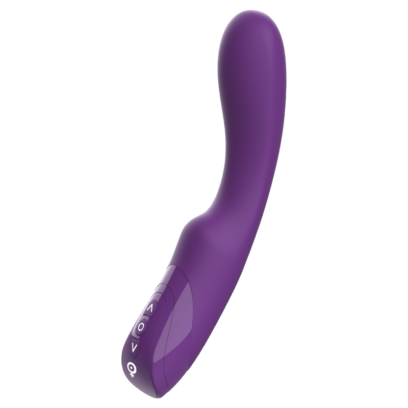 Un juguete sexual morado y curvado con botones de control sobre un fondo claro.