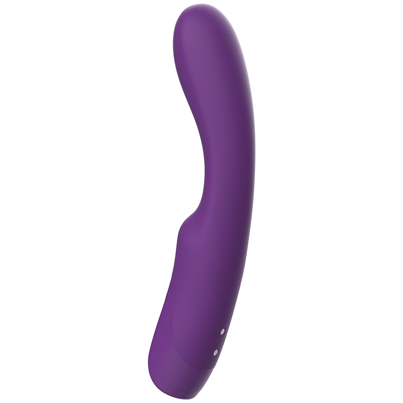 Un dispositivo de bienestar morado y curvo con dos pequeños botones de control sobre un fondo blanco.