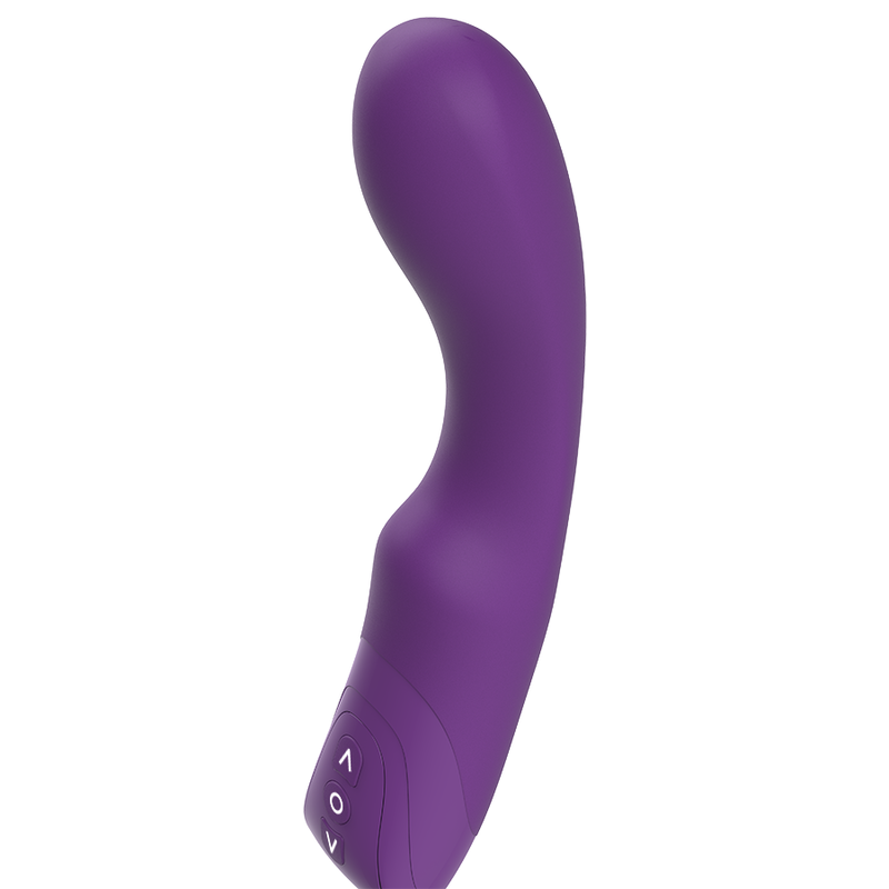 Un vibrador de silicona morado con forma curvada y botones de control en el mango.