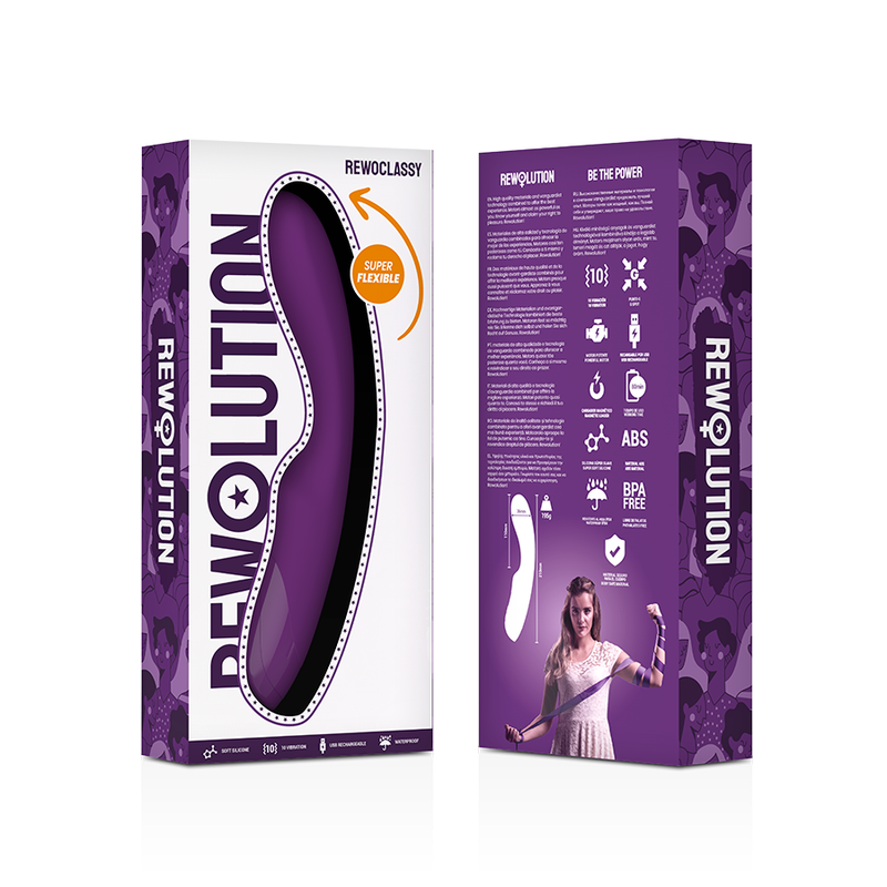 Embalaje morado y blanco del juguete sexual Rewolution, con texto, iconos y una mujer sosteniendo una cinta.
