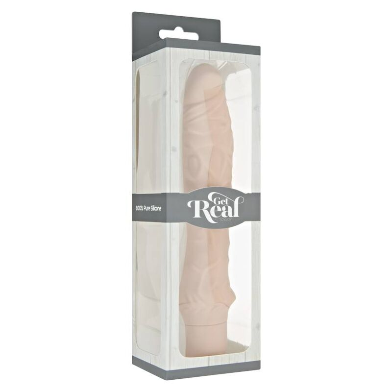 Una caja gris con ventana transparente muestra un juguete sexual de silicona texturizado color carne.