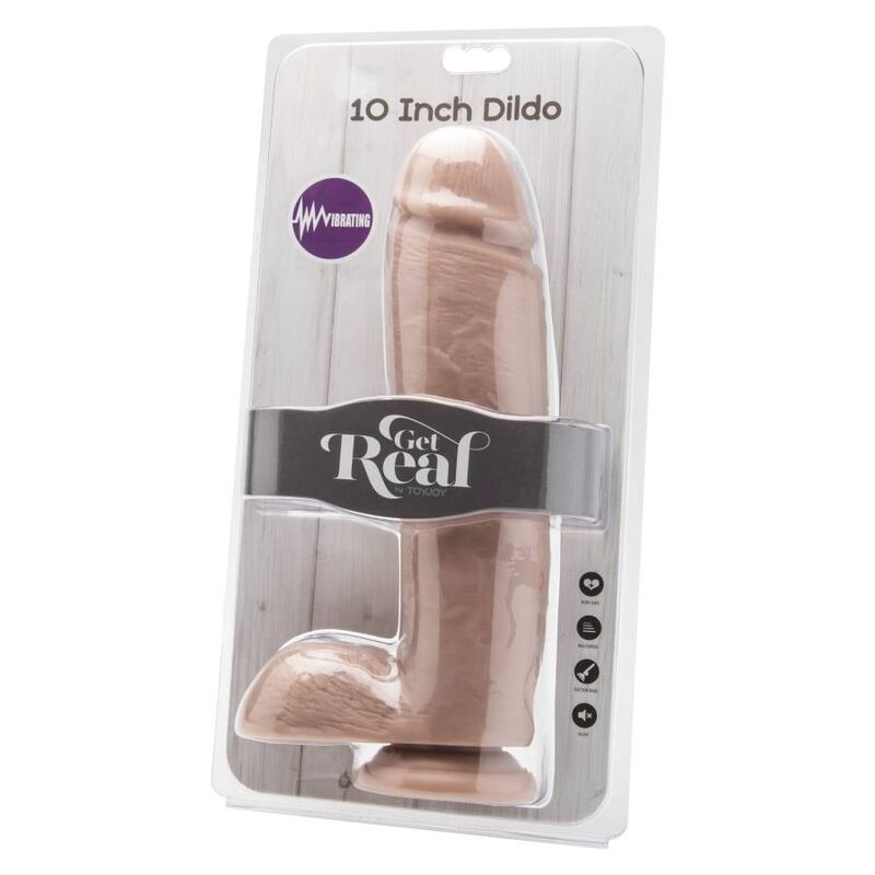 Un dildo vibrador beige de 10 pulgadas en su empaque de plástico transparente.