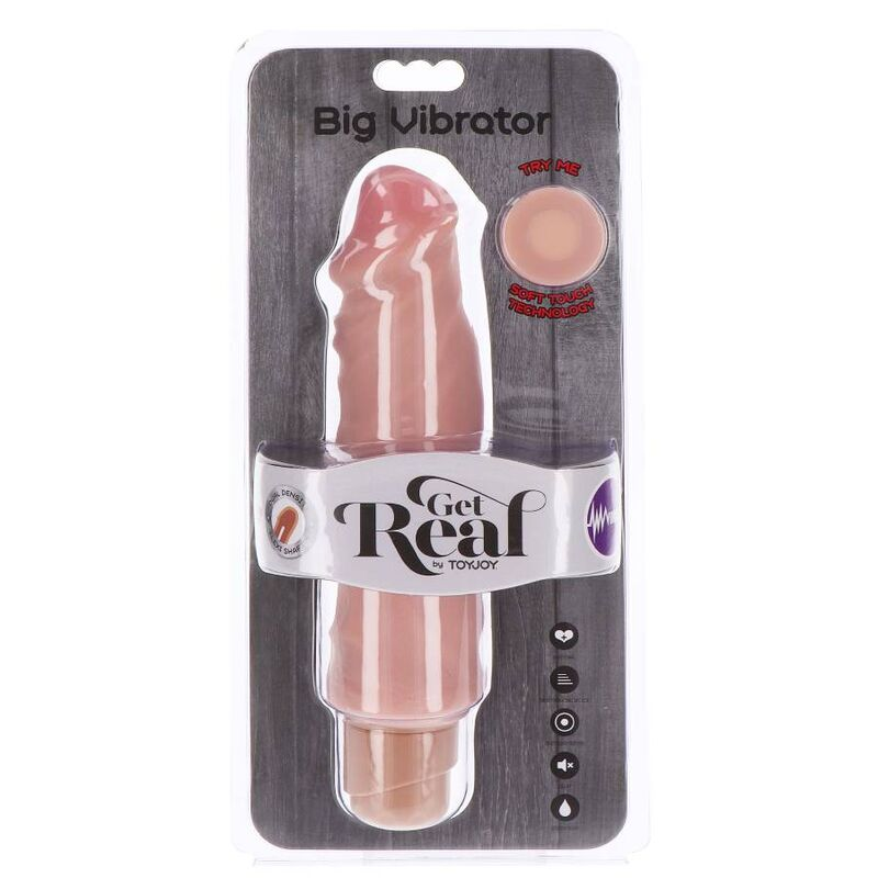Un vibrador adulto rosa en empaque de plástico con etiquetas sobre un fondo de madera oscura.