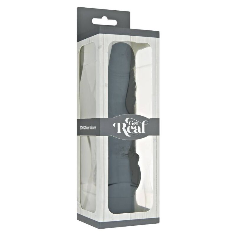 Una caja de dildo de silicona gris con el logotipo Get Real sobre fondo blanco.