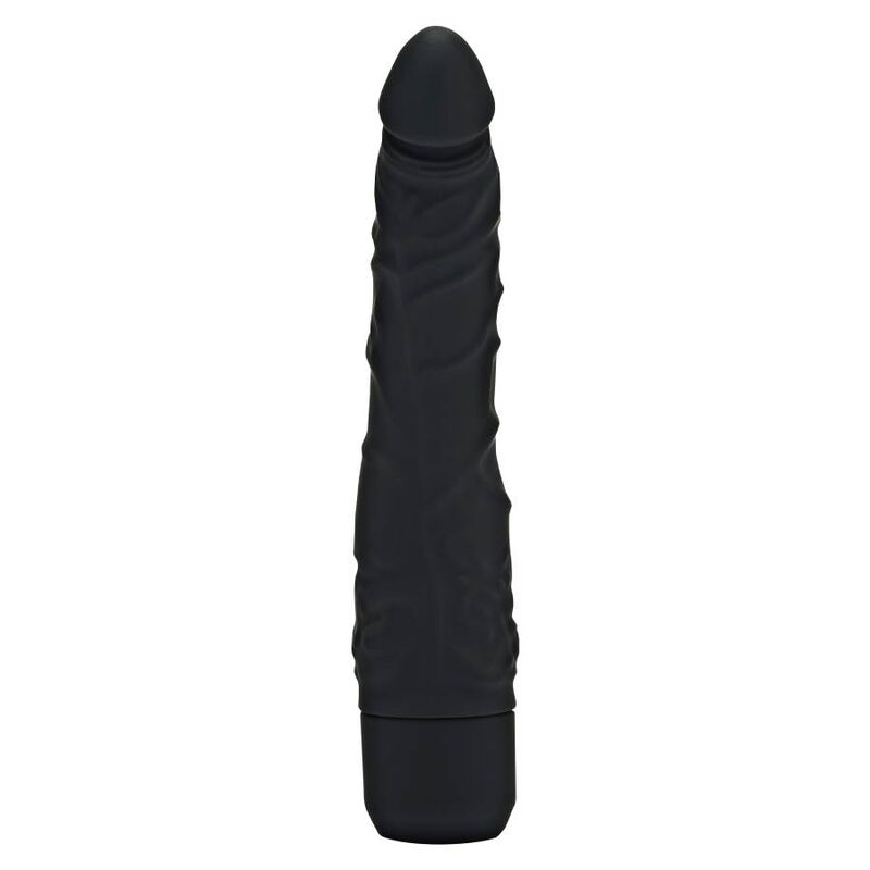 Un dildo negro y texturizado se yergue sobre fondo blanco.