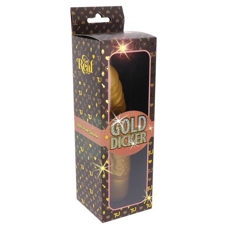 Una caja marrón oscura con patrones dorados y el texto GOLD DICKER muestra una parte de un dildo dorado.