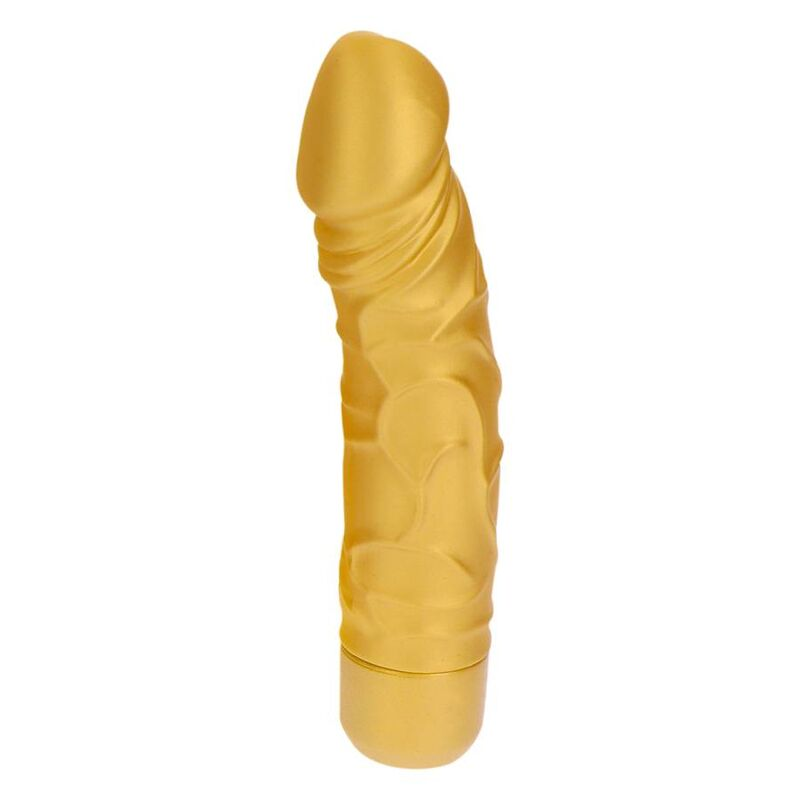 Un juguete sexual de color dorado y texturizado sobre un fondo blanco.