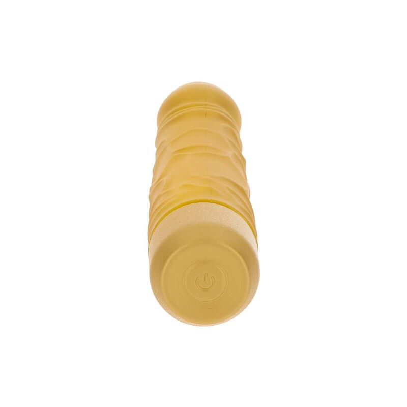 Un dispositivo cilíndrico amarillo con botones sobre fondo blanco.