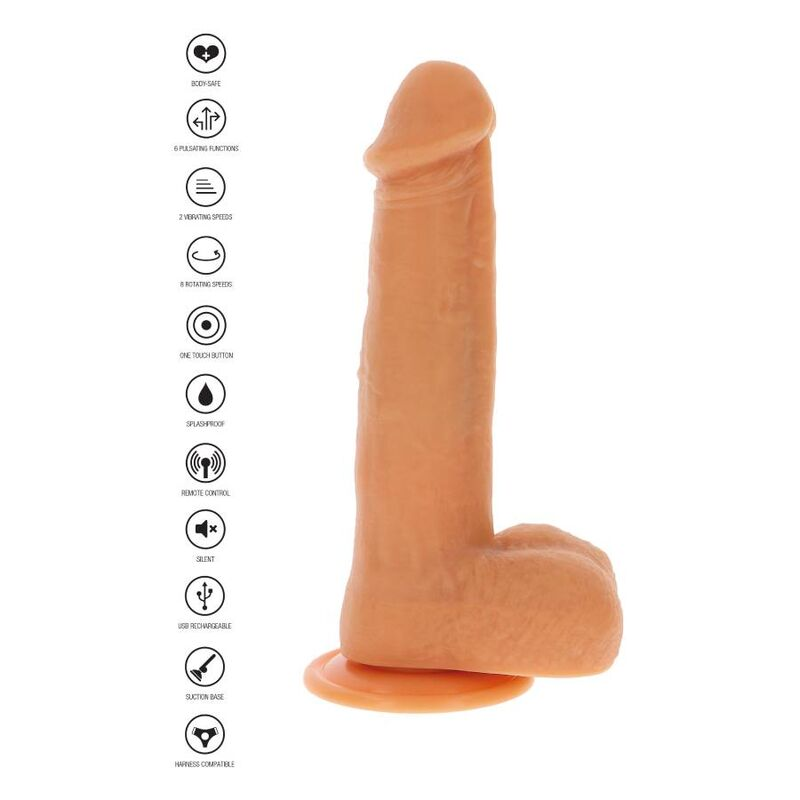 Dildo realista de color carne con base de ventosa, acompañado de diez iconos de funciones alineados a la izquierda.