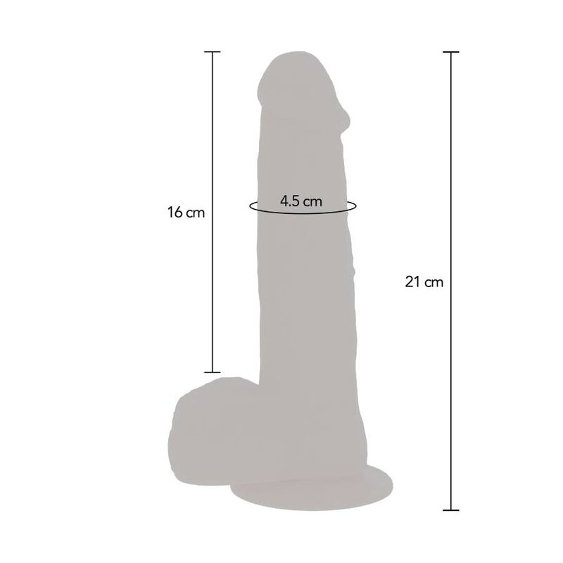 Silueta gris de un falo con indicadores de medida de 16 cm y 21 cm de largo y 4,5 cm de diámetro.