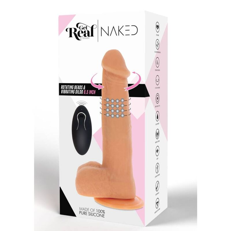 Embalaje de un dildo de silicona rosa con cuentas giratorias y control remoto sobre un fondo blanco.