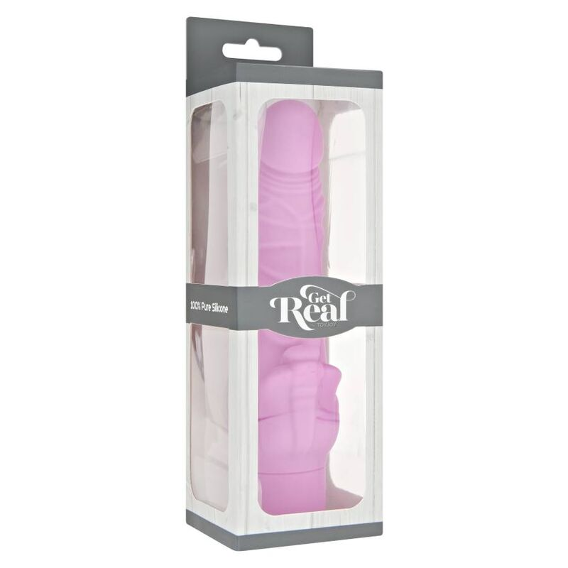 Un envase de caja de dildo de silicona rosa con un patrón de veta de madera.