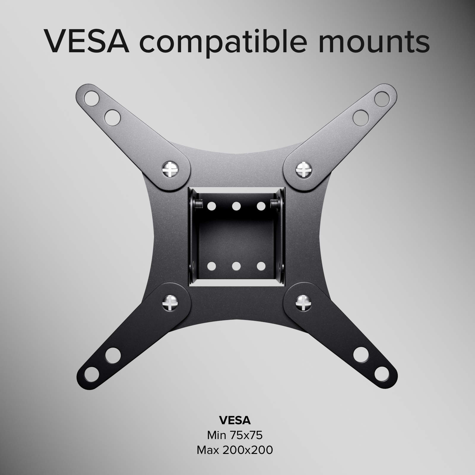 Soporte VESA negro para monitor con diseño de cuatro brazos sobre fondo gris.