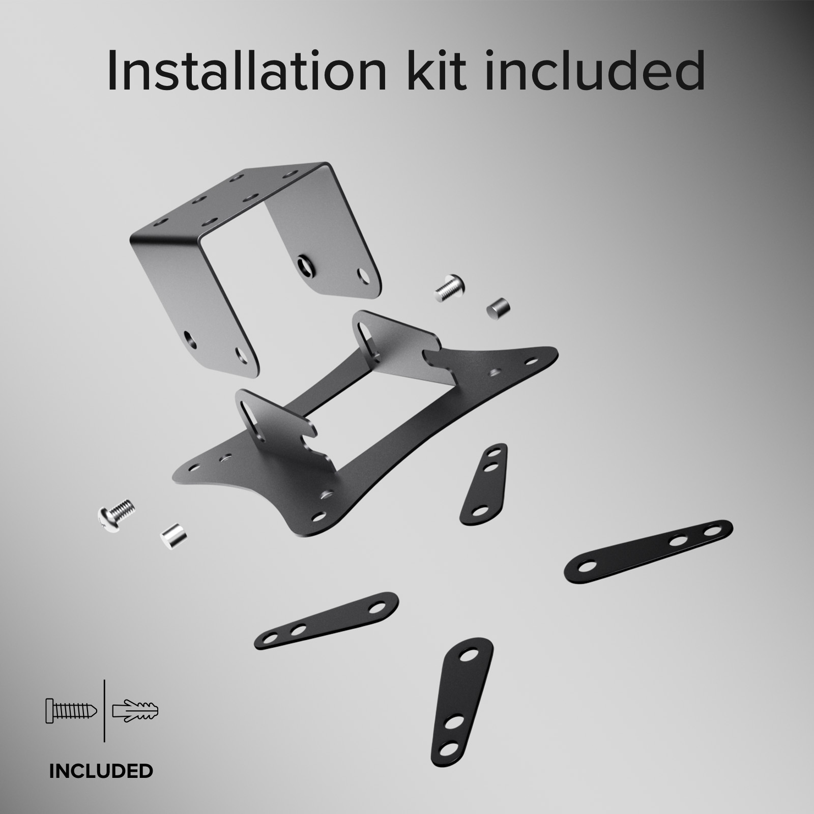 Un kit de instalación con soportes de metal negro, tornillos y piezas pequeñas sobre fondo gris.