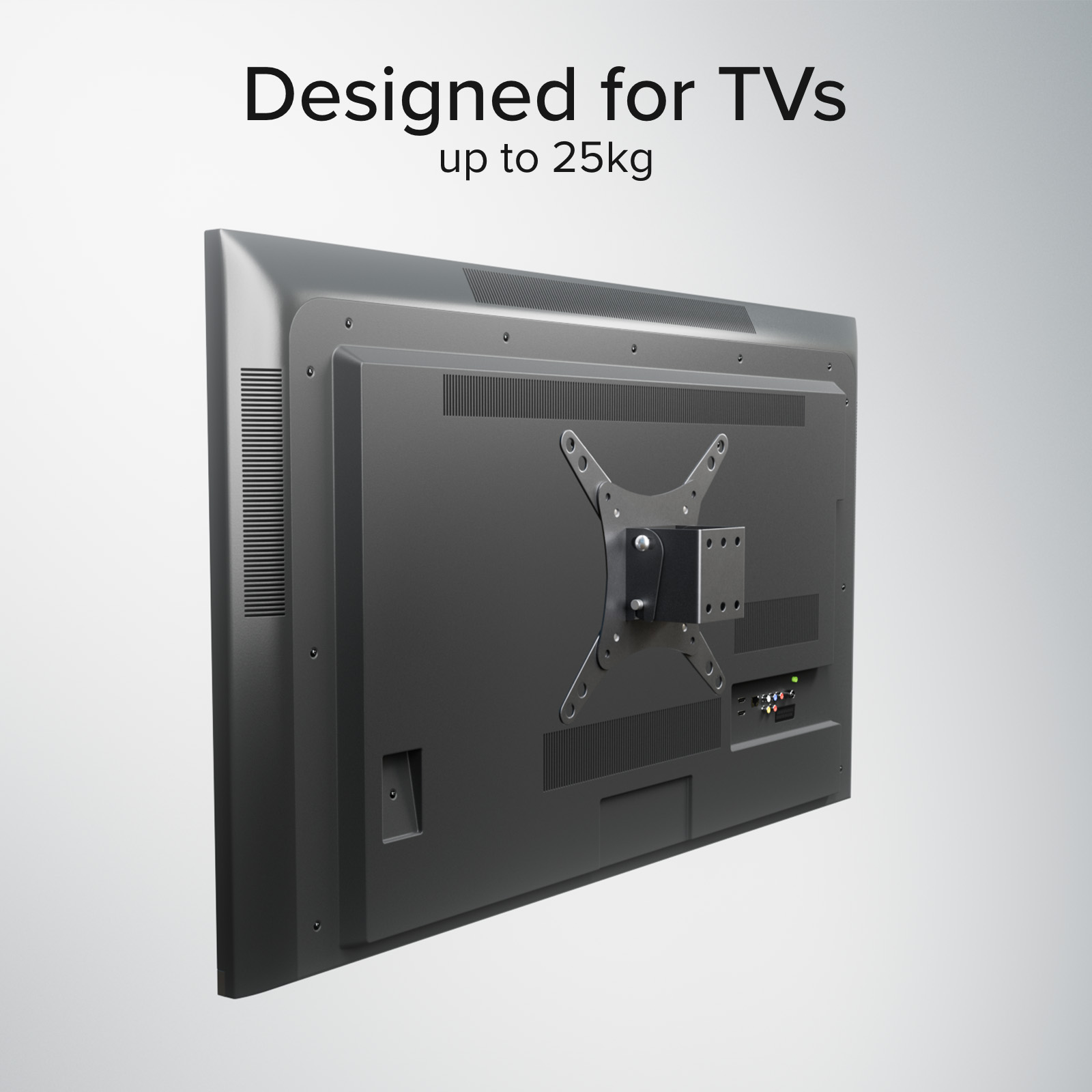 Parte trasera de un televisor negro con soporte de pared montado, texto arriba.