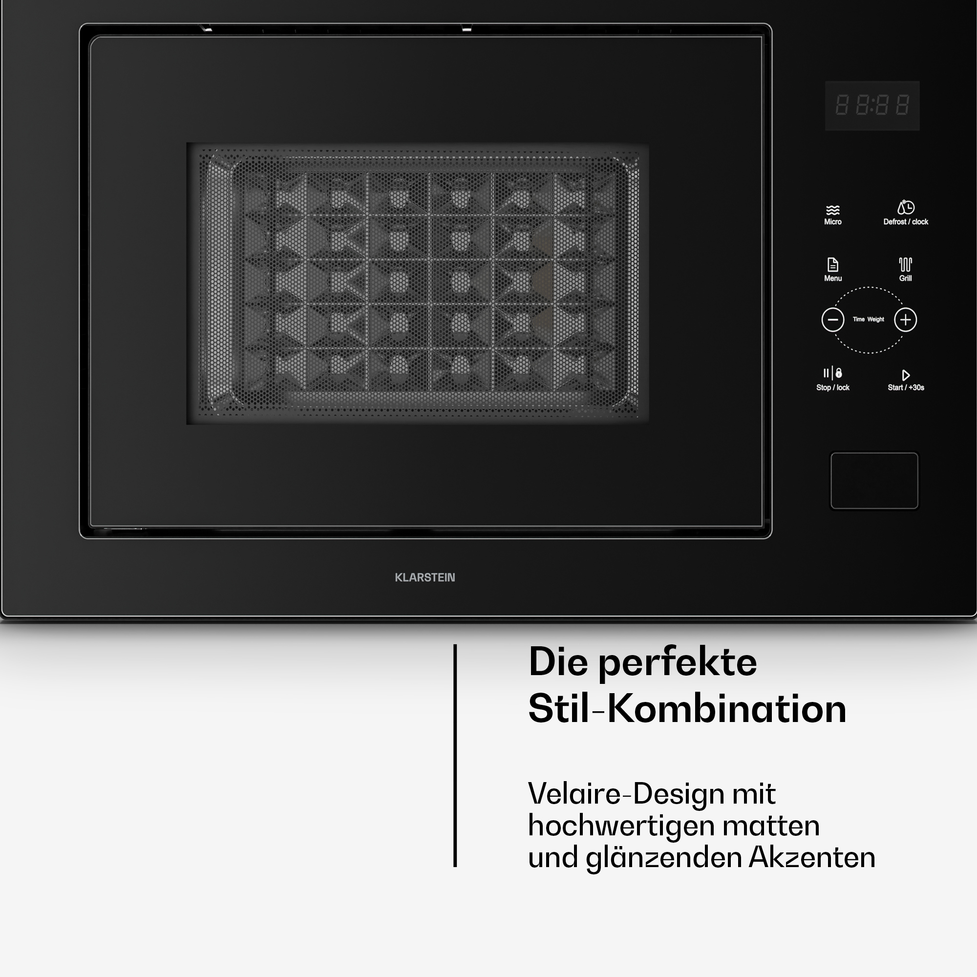 Schwarze Mikrowelle mit digitalem Display, Touch-Bedienfeld und dem Schriftzug Klarstein unten.
