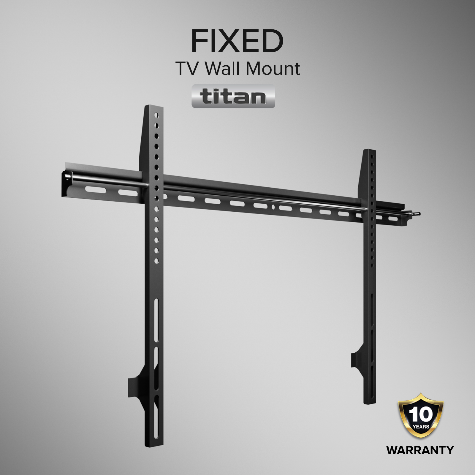 Soporte de pared para TV Titan fijo en negro con garantía de 10 años sobre fondo gris.