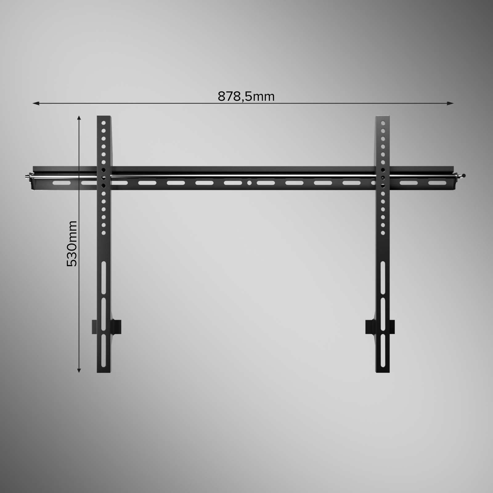 Soporte de pared negro para TV con dimensiones de 878,5 mm de ancho y 530 mm de alto sobre fondo gris.