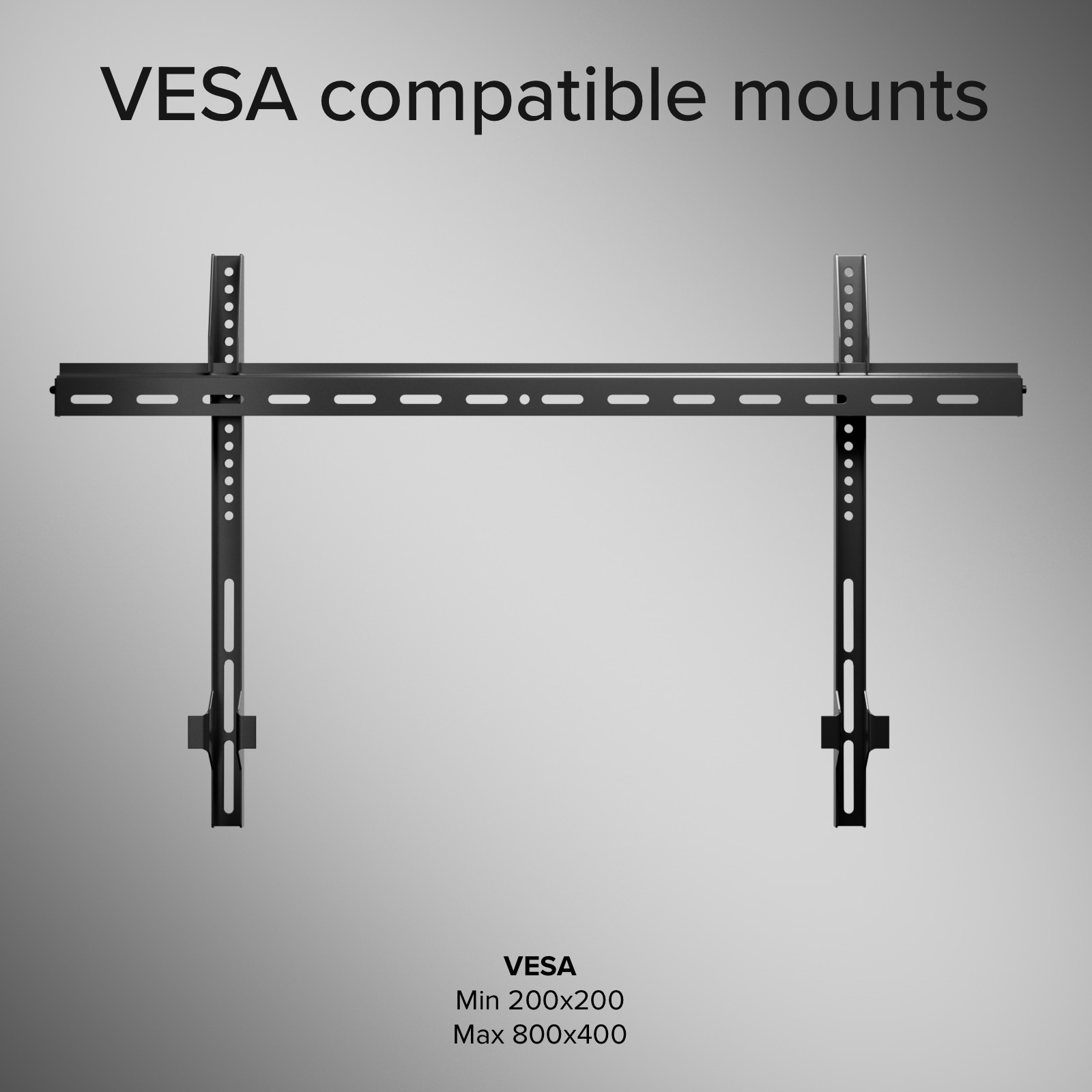 Soporte de TV negro compatible con VESA sobre fondo gris con texto VESA Mín 200x200 Máx 800x400.
