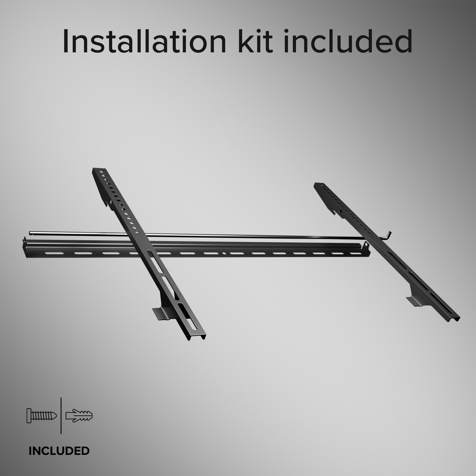 Un kit de soporte de pared para TV de metal negro sobre fondo gris, con tornillería incluida.