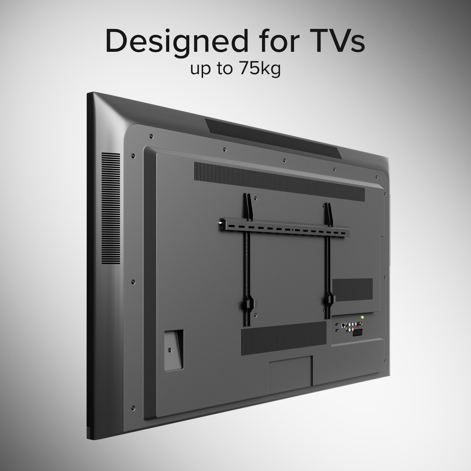 Parte trasera de un televisor de pantalla plana con soporte negro instalado.