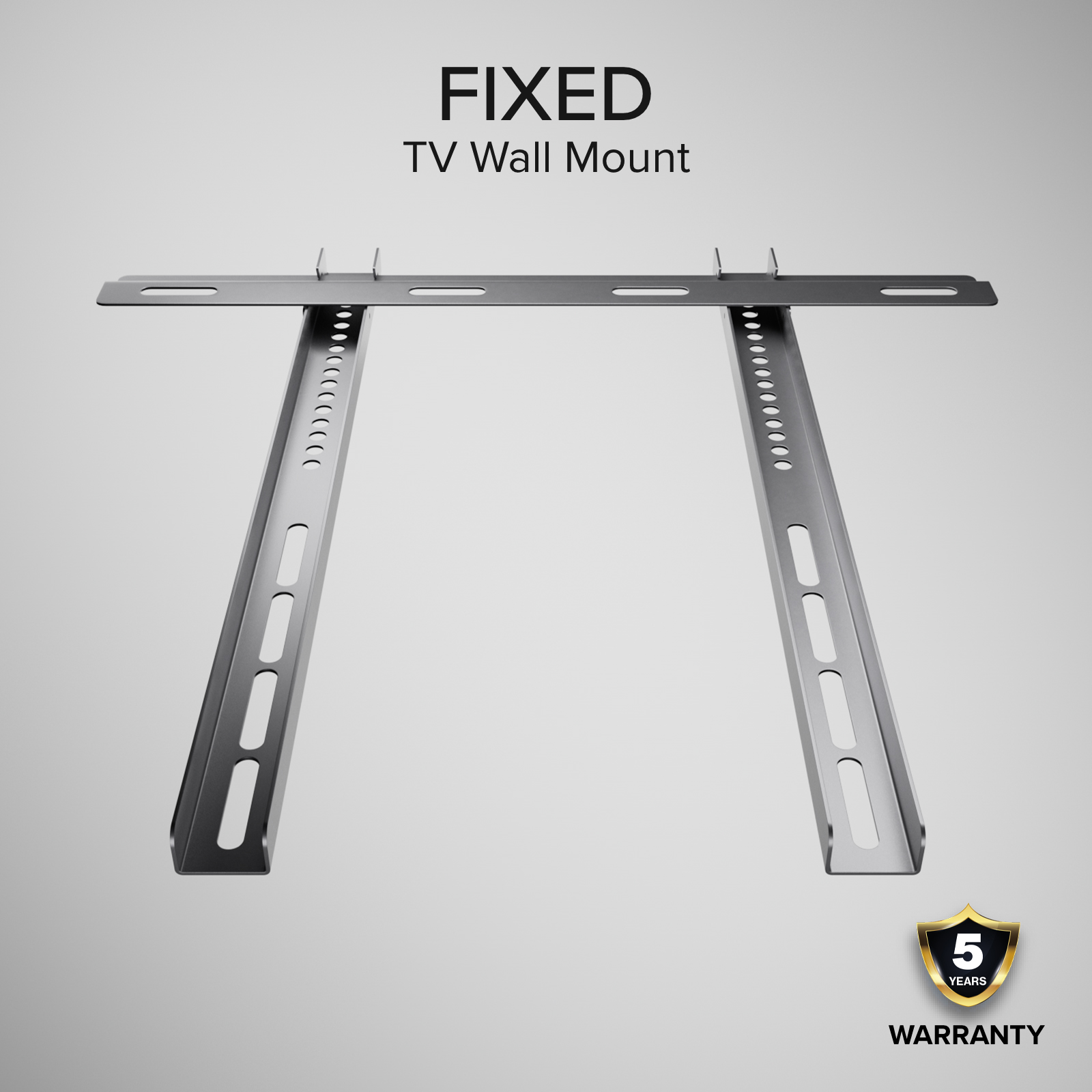 Un soporte de pared para TV fijo de acero con dos rieles verticales y garantía.