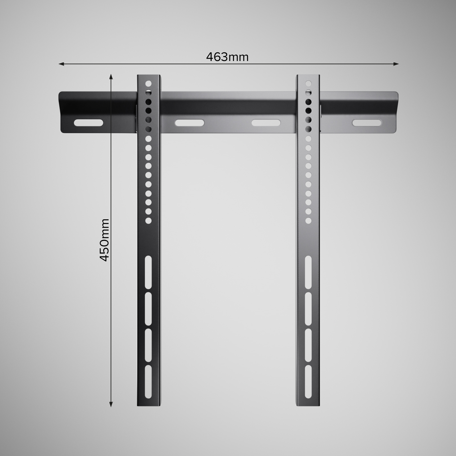 Soporte de pared para TV negro con dimensiones de 463 mm de ancho y 450 mm de alto sobre fondo gris.