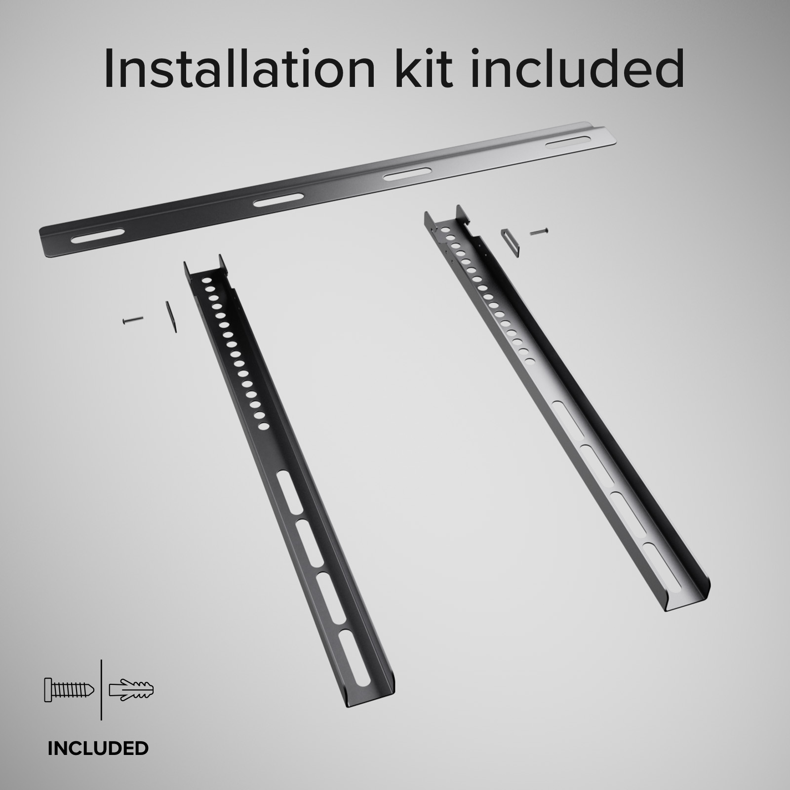Kit de instalación de soporte de pared de metal negro con soportes, tornillos y anclajes.