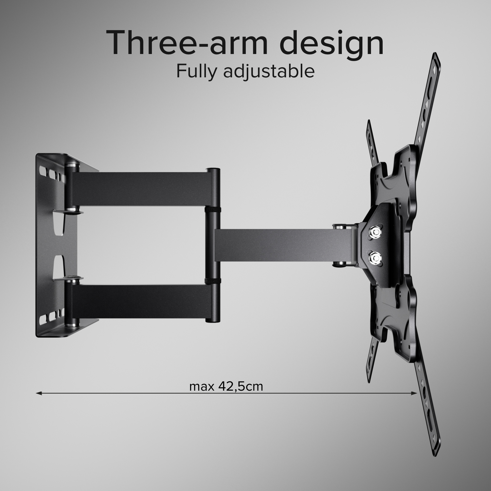 Eine schwarze, dreizeilige, verstellbare TV-Wandhalterung reicht bis zu 42,5 cm.