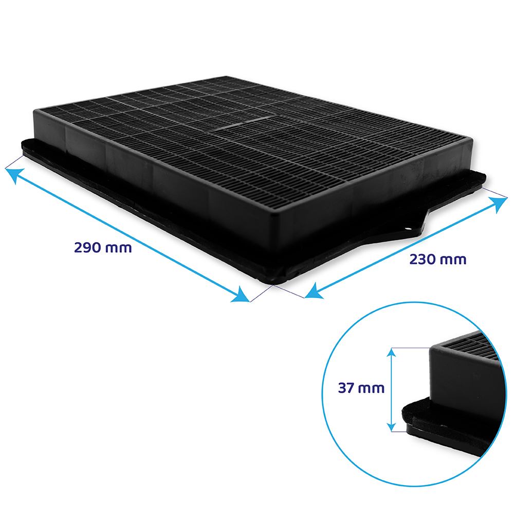 Un filtro aria rettangolare nero con dimensioni di 290 mm di lunghezza, 230 mm di larghezza e 37 mm di altezza.