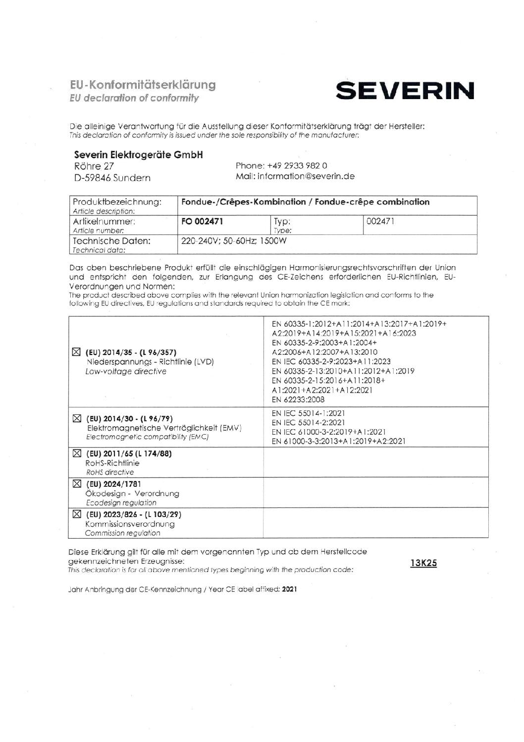 Declaración UE de conformidad para la combinación fondue/crepe Severin FO 002471.