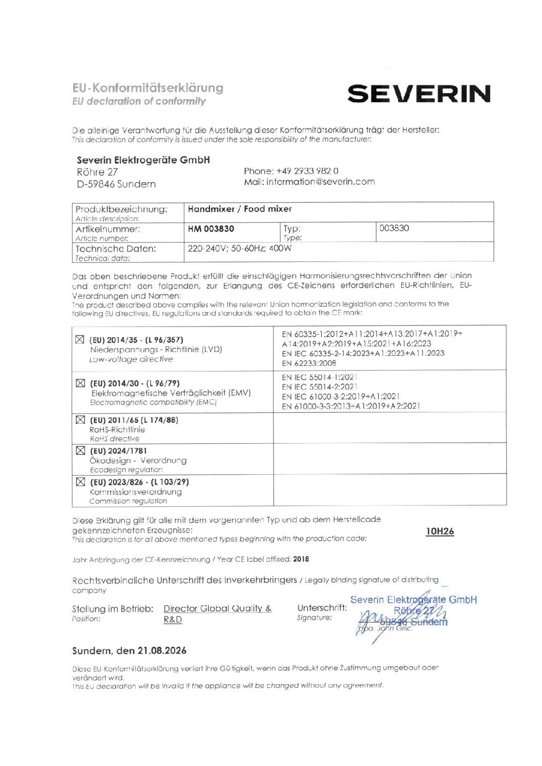 Deklaracja zgodności UE dla miksera ręcznego Severin HM 003830.