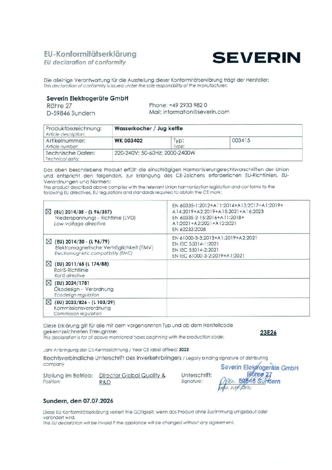 EU-conformiteitsverklaring van Severin Elektrogeräte GmbH voor waterkoker WK 003402.
