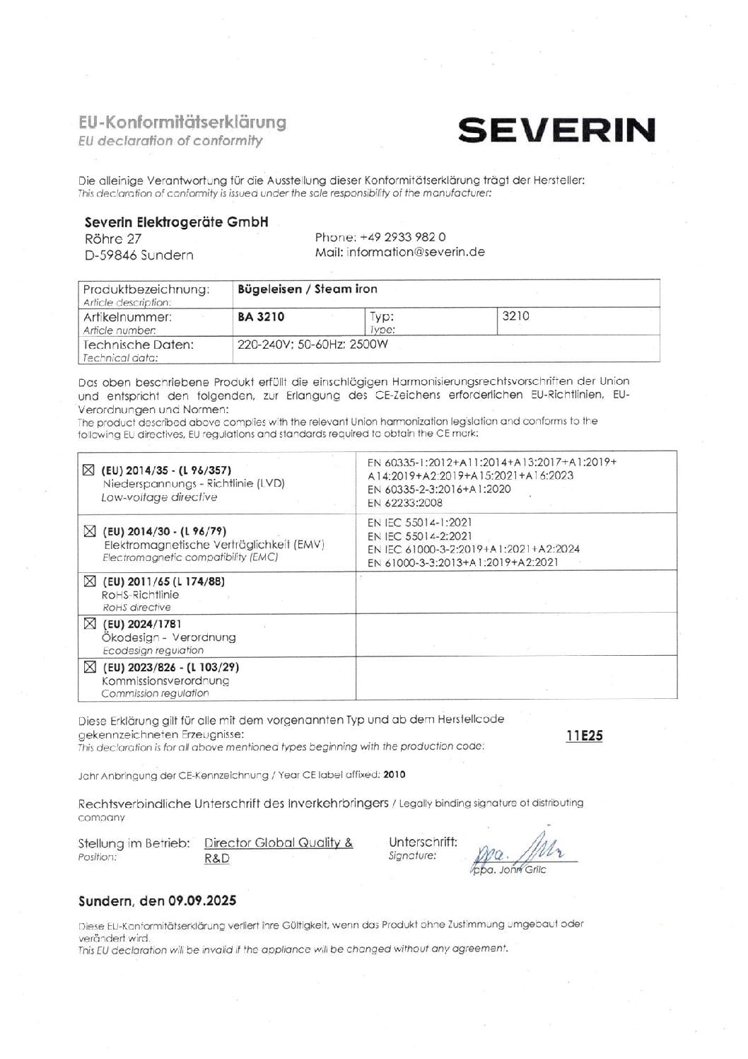 Dichiarazione UE di conformità per un ferro da stiro Severin, con dati del produttore e norme.