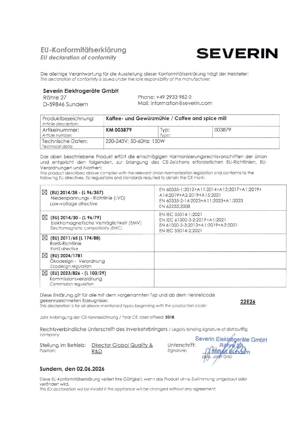 Déclaration UE de conformité pour le moulin à café et épices Severin KM 003879.