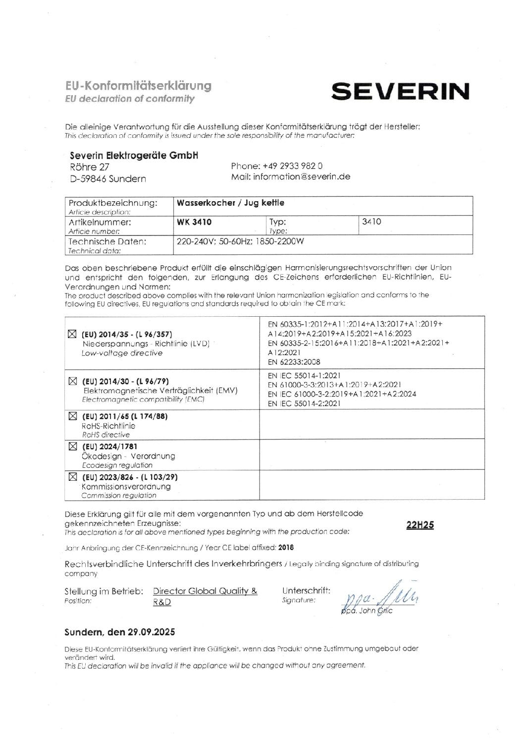 Declaración UE de conformidad para un hervidor Severin con datos técnicos y normas.