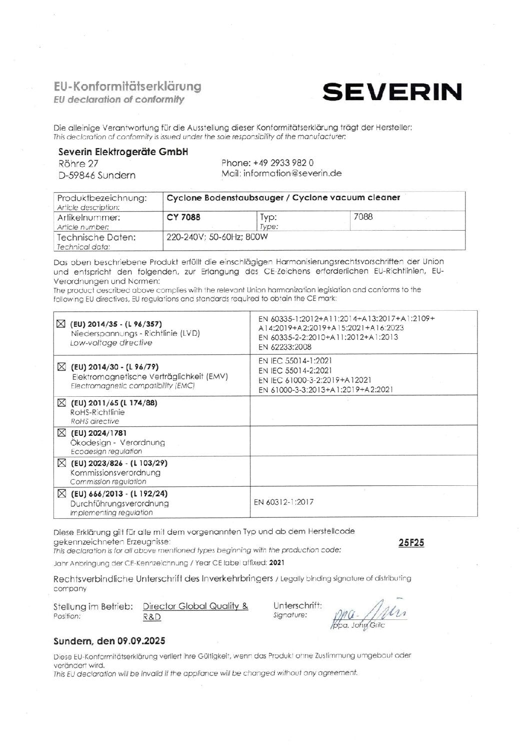 Deklaracja zgodności UE dla odkurzacza Severin CY 7088 z danymi technicznymi i normami.