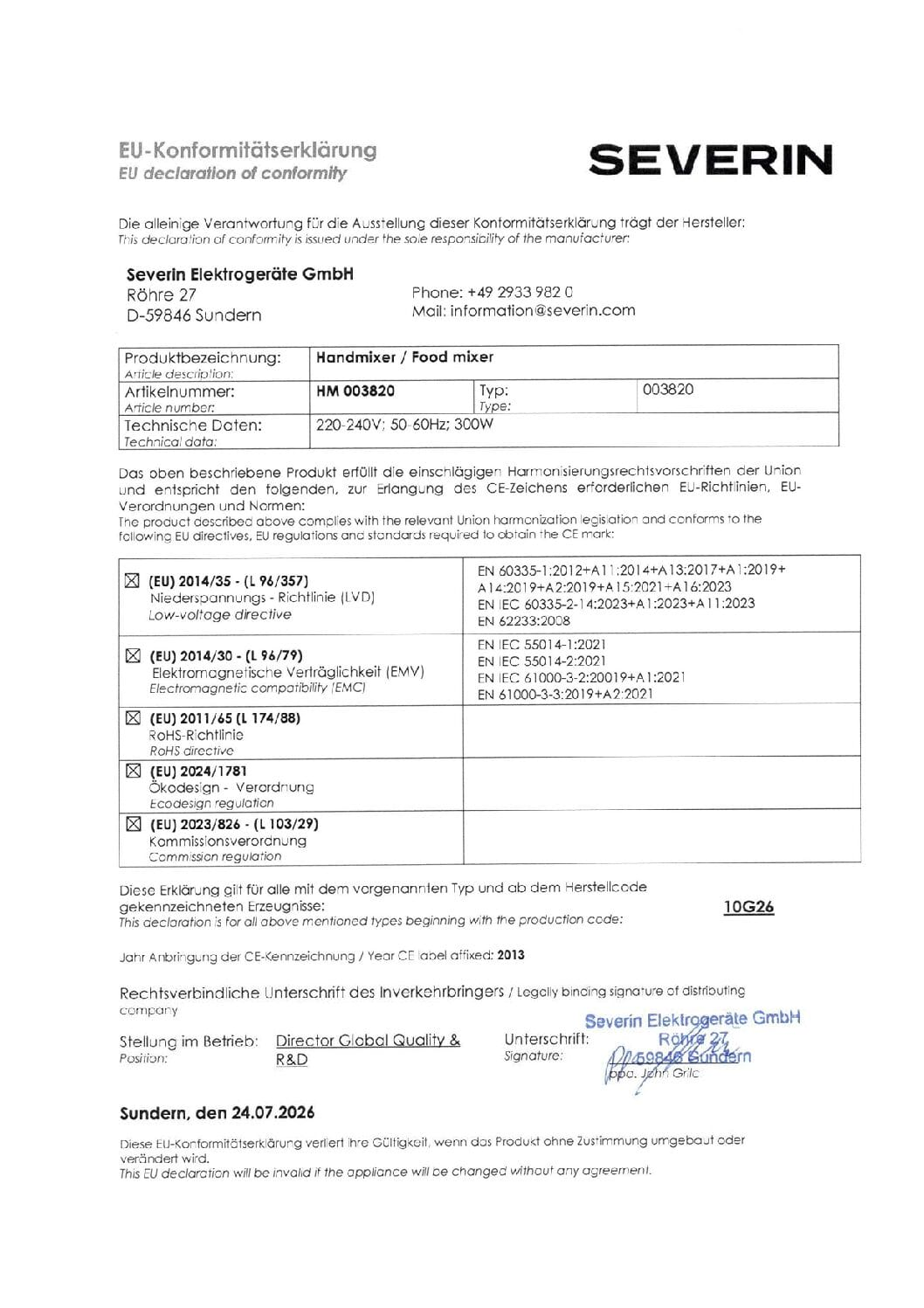 Deklaracja zgodności UE Severin dla miksera HM 003820, normy CE i podpis.
