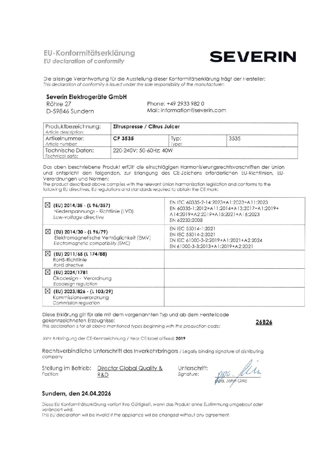 Deklaracja zgodności UE firmy Severin dla wyciskarki do cytrusów CP 3535 z danymi technicznymi.