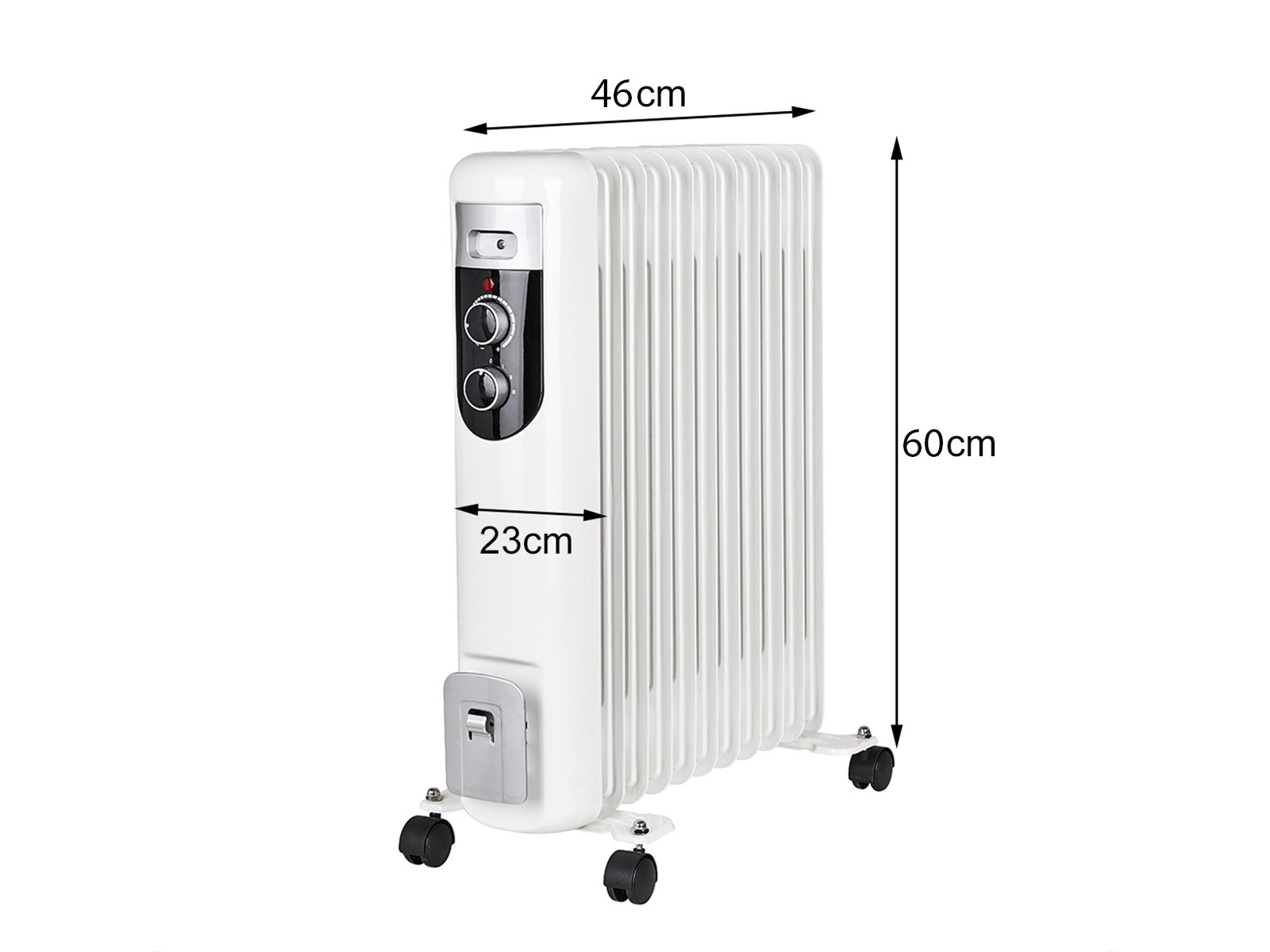 Weißer Ölradiator mit Rollen, Maße 46x23x60 cm, auf weiÃŸem Hintergrund.