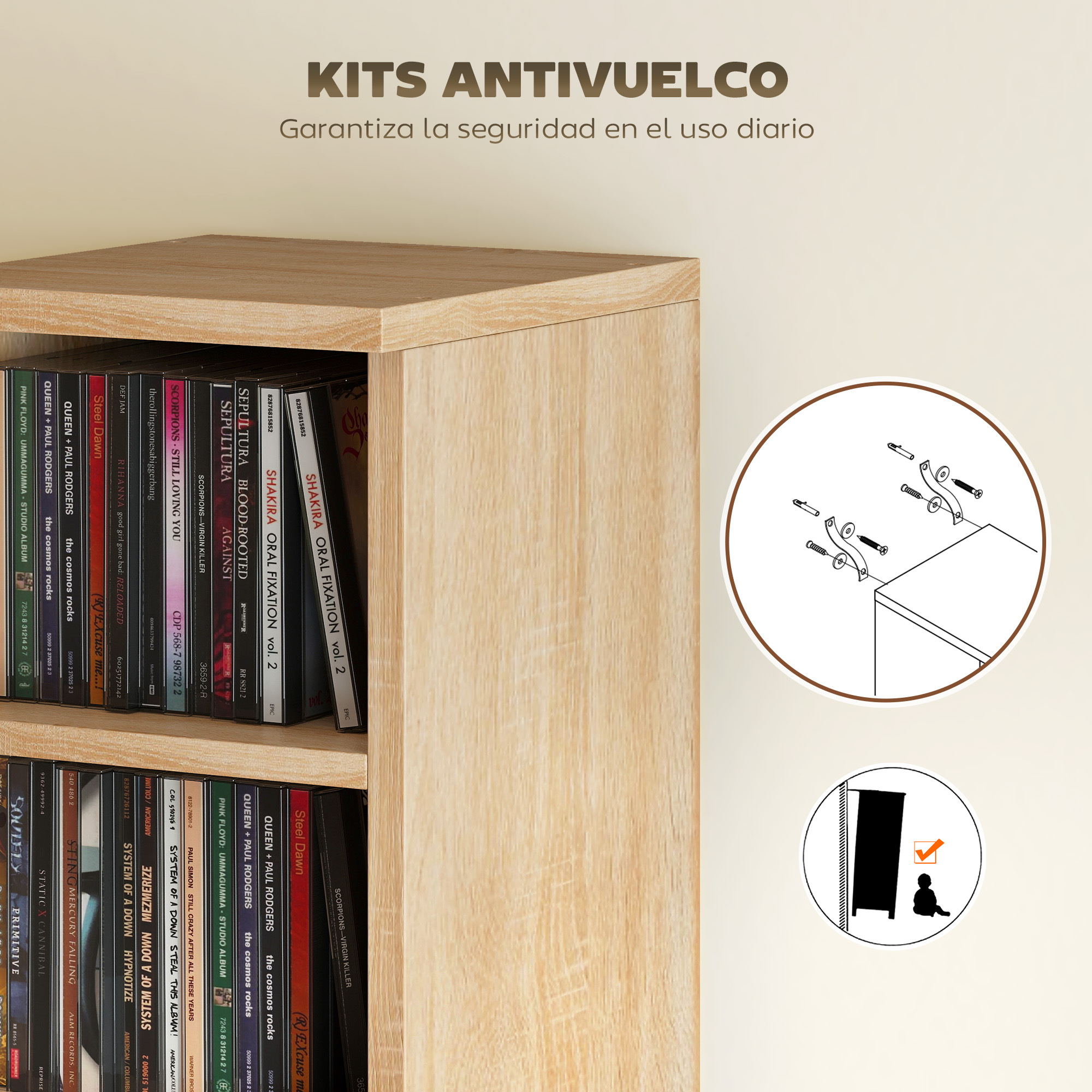 Estantería de madera con CDs e ilustraciones de instalación antivuelco.