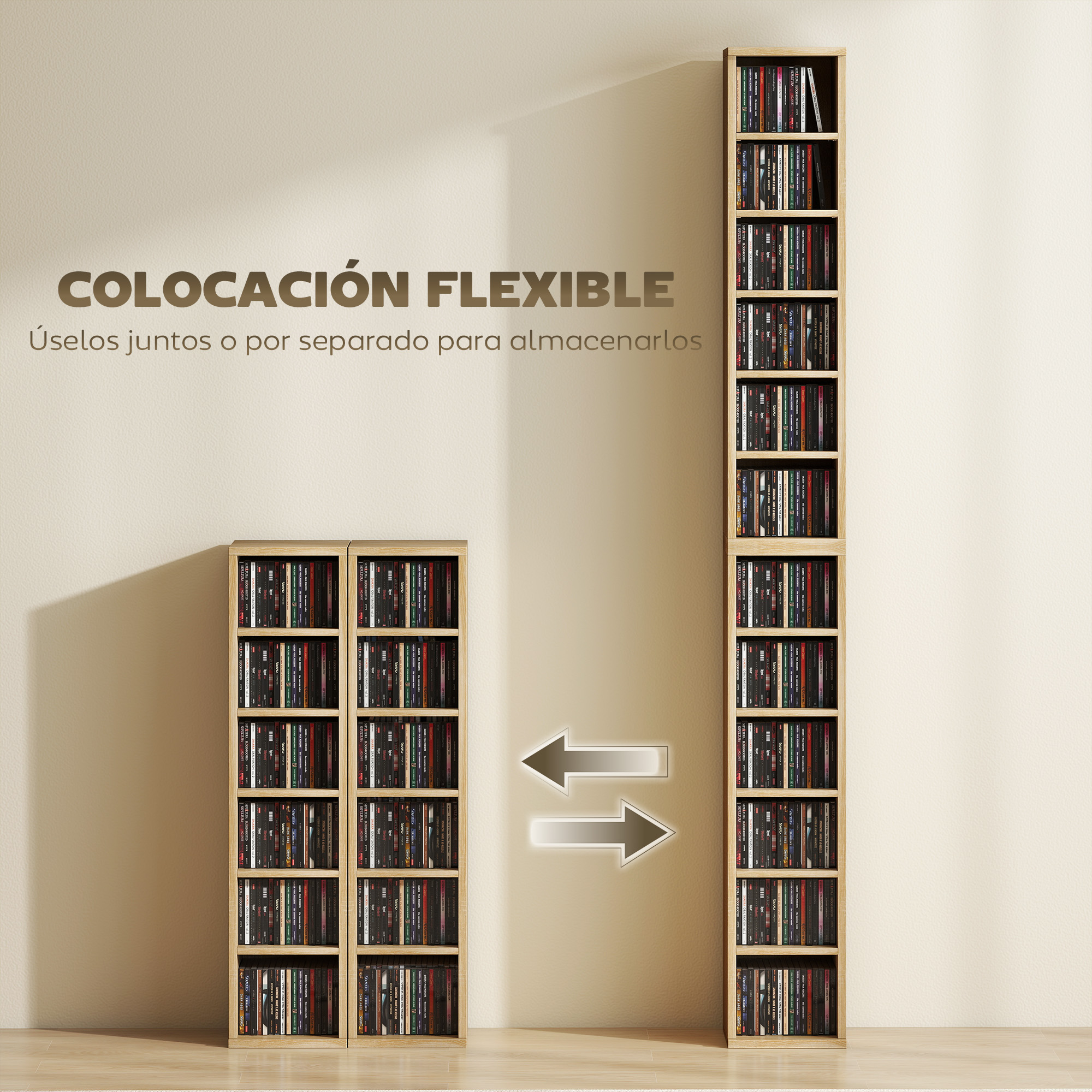 Estanterías de madera llenas de multimedia, separadas o apiladas para almacenamiento flexible.