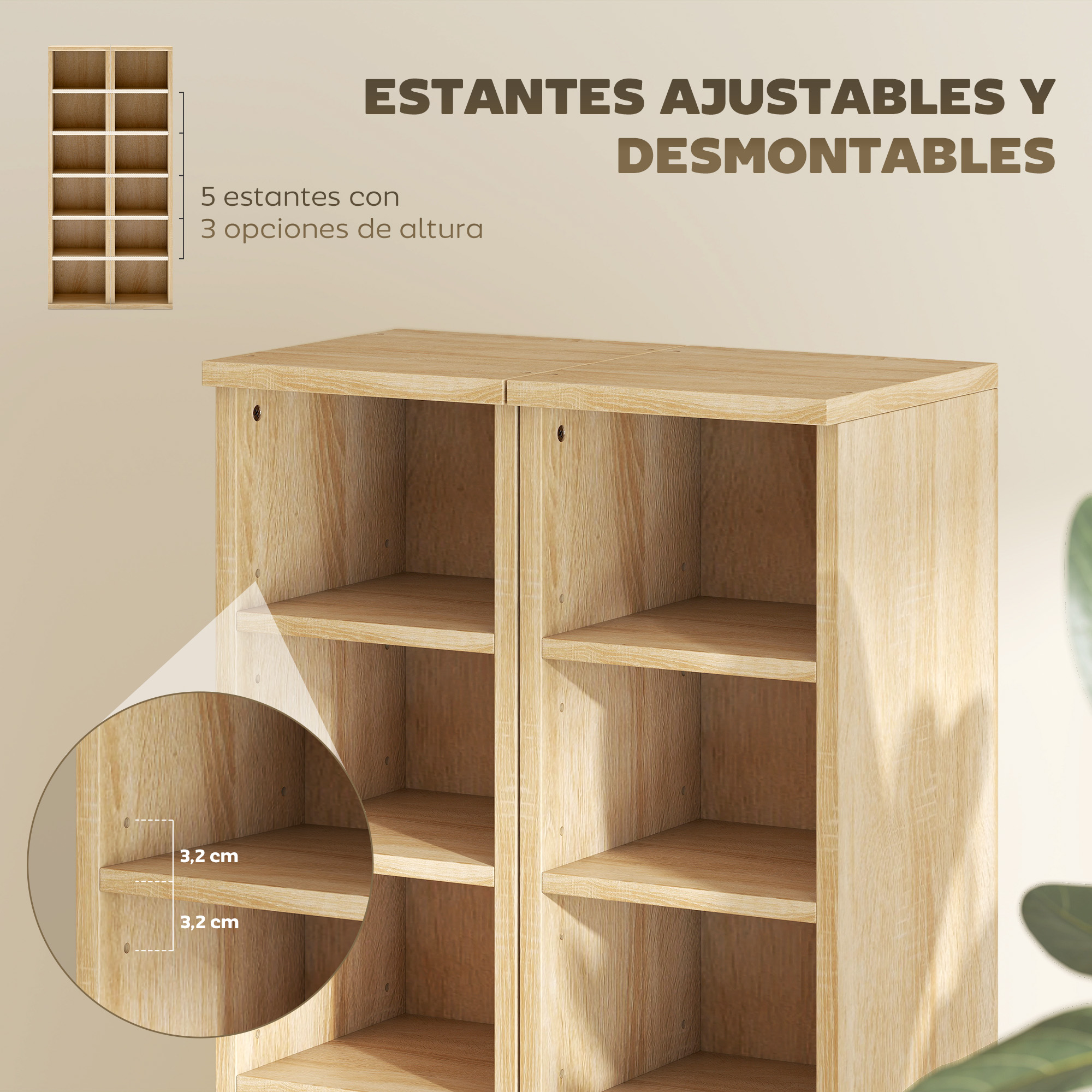 Dos estanterías de madera clara con estantes ajustables y un detalle ampliado que muestra opciones de 3,2 cm.