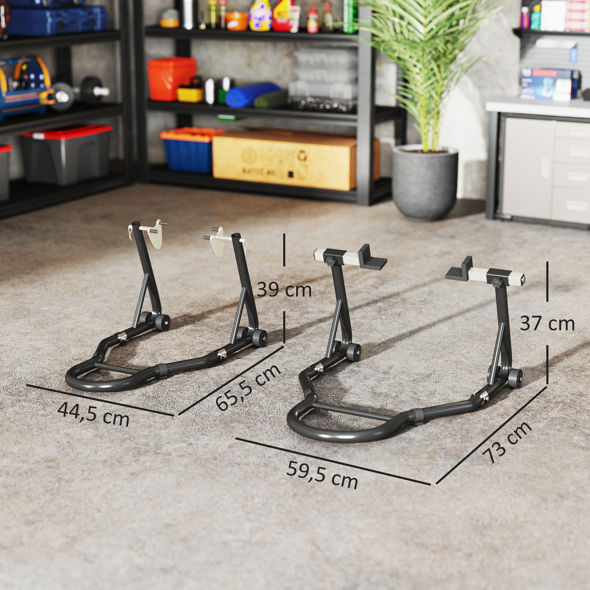 Dos soportes negros para motocicletas con dimensiones en un taller.