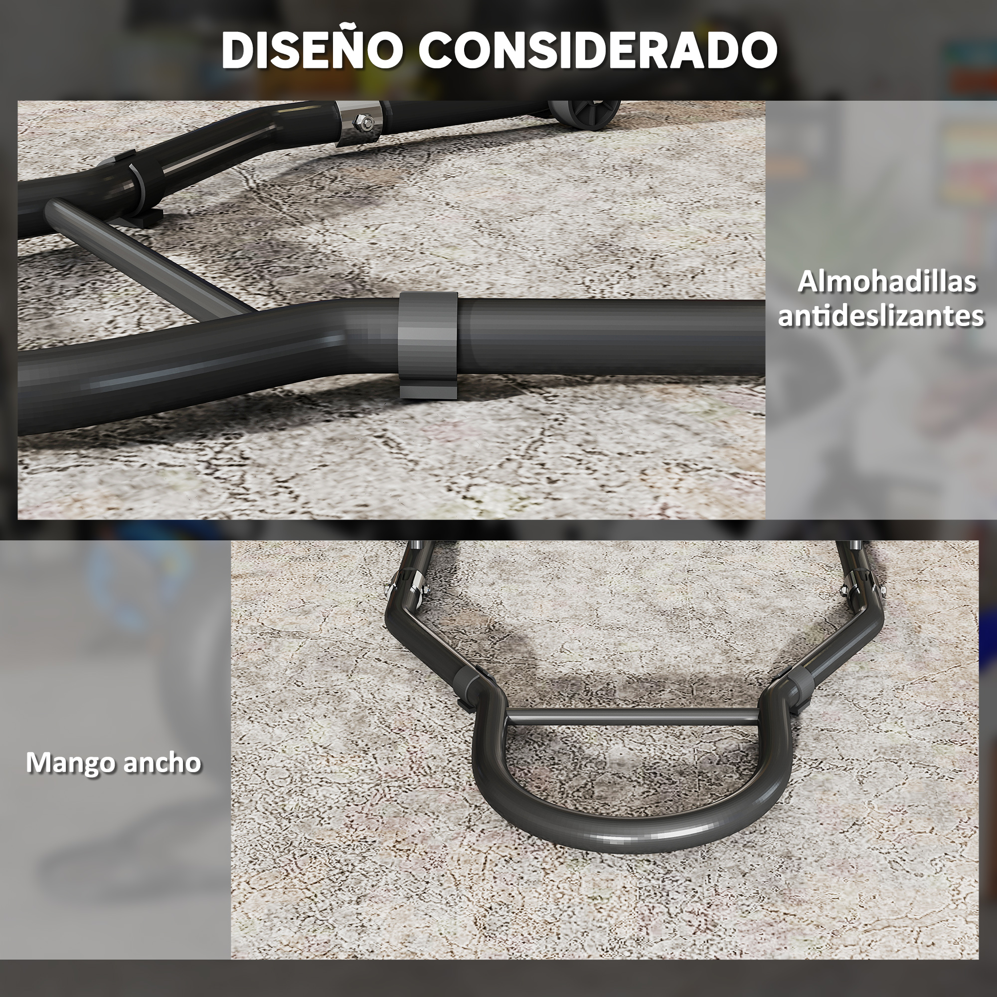 Imagen de producto en dos partes con barras de metal negro, almohadillas antideslizantes y un mango ancho.